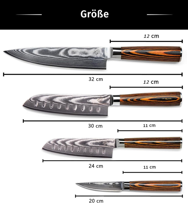 Wolfblood Damastmesser-Set 4er (32cm, 30cm, 24cm und 20cm) Profi-Damast-Küchenmesser Set aus 67 Lage