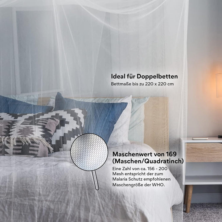 Moskitonetz Doppelbett 210x210x220cm 8 Aufhängepunkte m. Klebehaken - Mückennetz Bett für Einzelbett