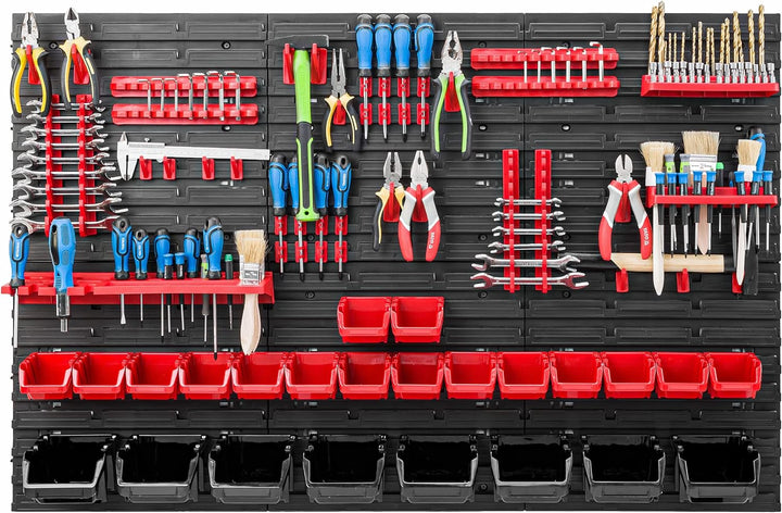 Lagersystem Werkstattregal | 117 x 78 cm | 24 stck. Box | Wandregal mit Werkzeughalterungen und Stap