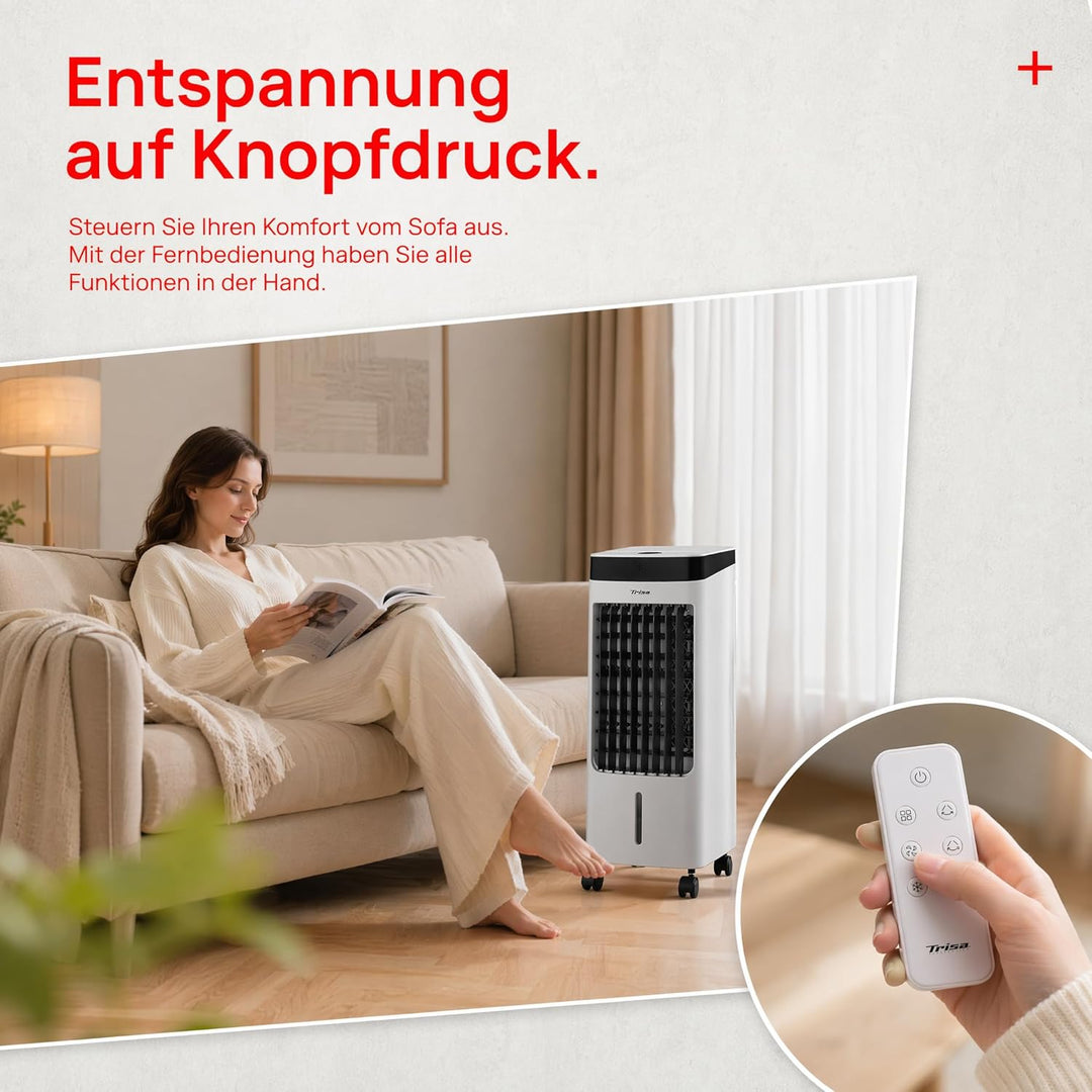 Trisa Turmventilator mit Wasserkühlung 4L - Fernbedienung, Luftkühler für Eis & Wasser, 6h Timer, Os