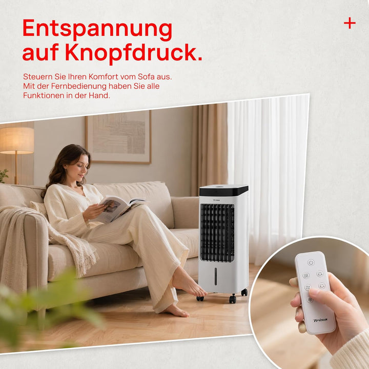 Trisa Turmventilator mit Wasserkühlung 4L - Fernbedienung, Luftkühler für Eis & Wasser, 6h Timer, Os