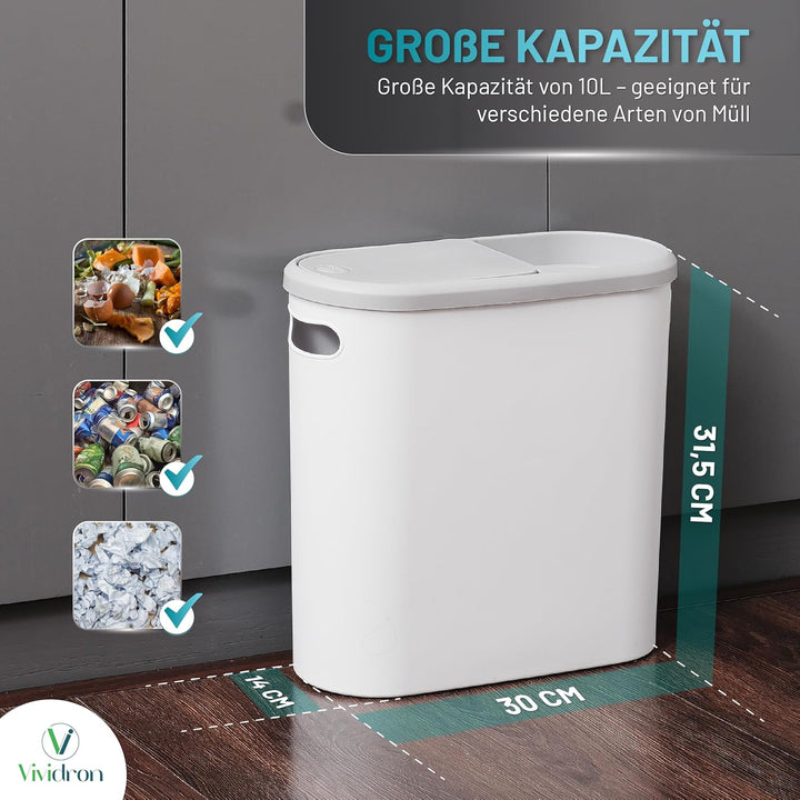 Kleiner Mülleimer mit Deckel 10L, schmaler Abfalleimer mit Pressfunktion, für Bad, Küche und Schlafz