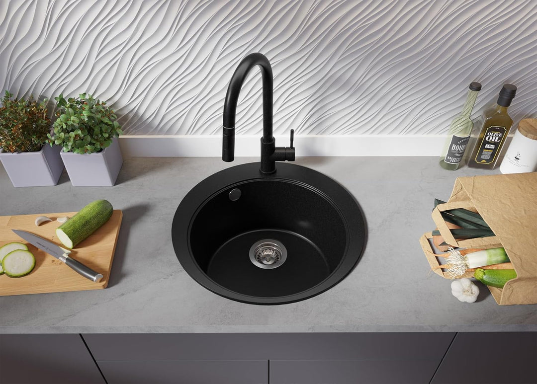 PRIMAGRAN Spülbecken Rund Schwarz 50x50cm, Granitspüle 1 Becken + Ablauf-Set, Küchenspüle ab 45er Un