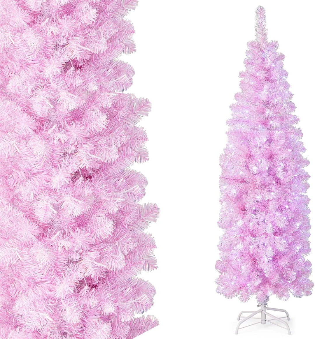 COSTWAY 180cm Künstlicher Weihnachtsbaum Bleistift, LED beleuchteter Tannenbaum mit 250 kaltweissen