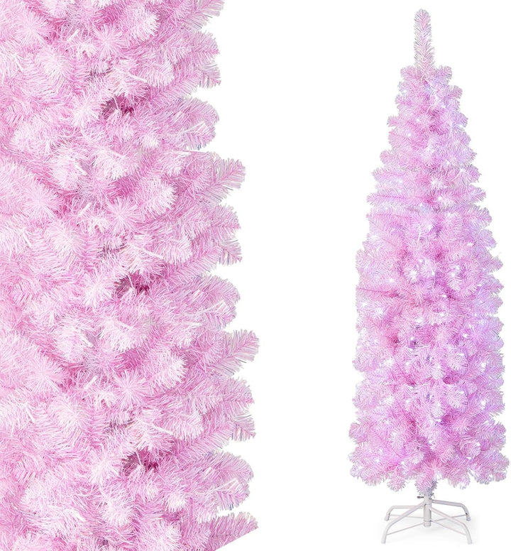 COSTWAY 180cm Künstlicher Weihnachtsbaum Bleistift, LED beleuchteter Tannenbaum mit 250 kaltweissen