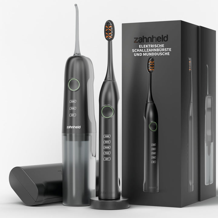 Zahnheld® Super-Set, elektrische Schallzahnbürste GERO + Munddusche AQUADENT | inkl. Bürstenkopf & R