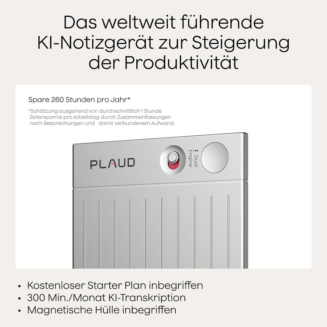Plaud Note KI-Diktiergerät (Silver Note mit schwarzer Hülle) | Aufnahmegerät zum Transkribieren &amp;