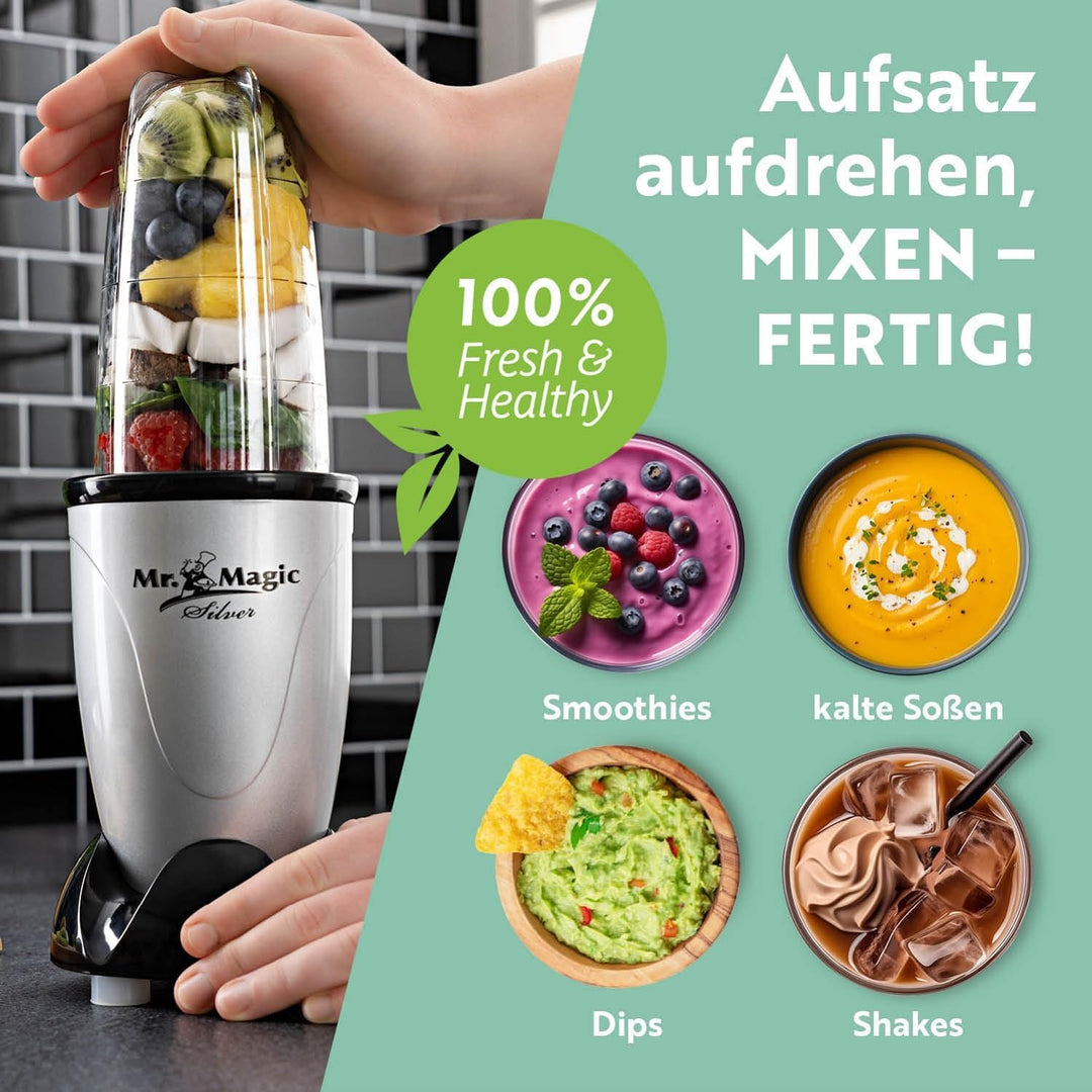 GOURMETmaxx Mr. Magic Smoothie Maker inkl. Frischhaltedeckel | Standmixer mit 8 Funktionen, inkl. To