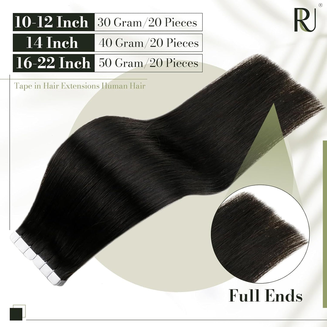 RUNATURE Unsichtbare Tape Extensions Echthaar Schwarz 50cm Haar Extensions Echthaar Tape Glatt Haarv