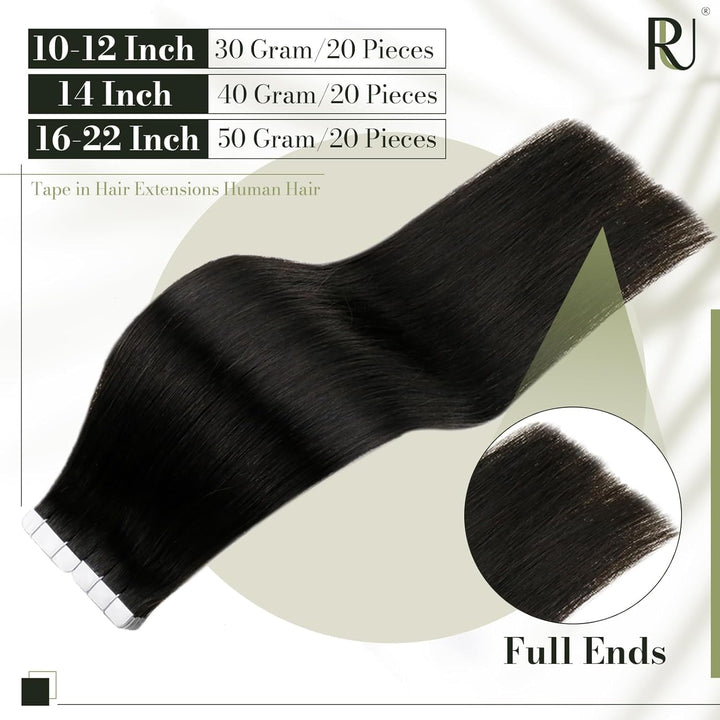 RUNATURE Unsichtbare Tape Extensions Echthaar Schwarz 50cm Haar Extensions Echthaar Tape Glatt Haarv