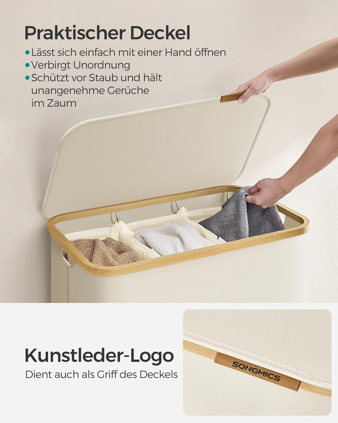 SONGMICS Wäschekorb mit Deckel, Wäschesammler mit 3 Fächern, 150 L, herausnehmbarer Wäschesack, Oxfo