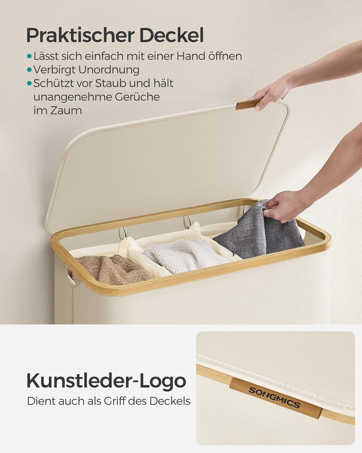 SONGMICS Wäschekorb mit Deckel, Wäschesammler mit 3 Fächern, 150 L, herausnehmbarer Wäschesack, Oxfo