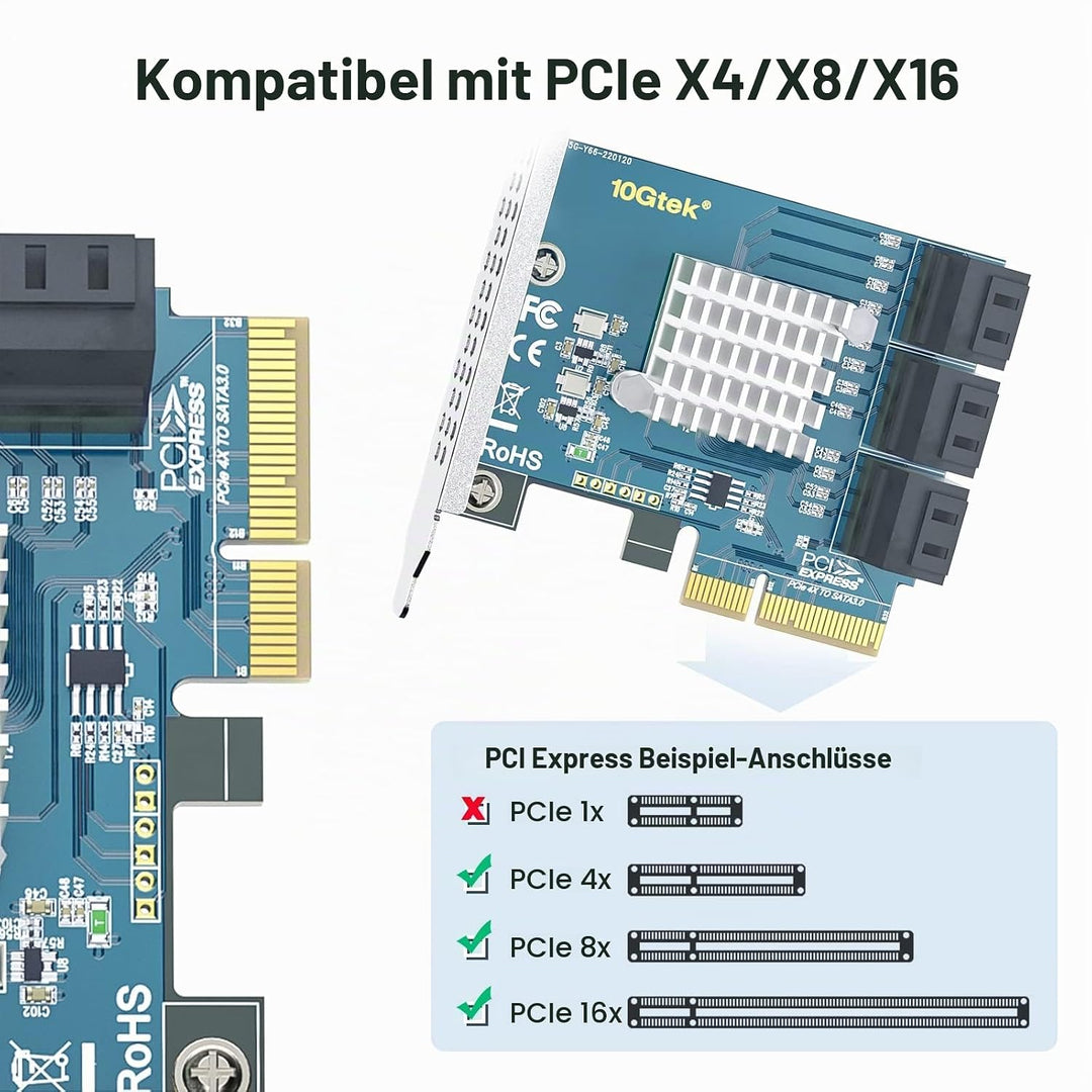 10Gtek PCIe SATA X4 Card 6 Port with 6 SATA Cables and Low Profile Bracket, 6Gbps SATA3.0 Controller