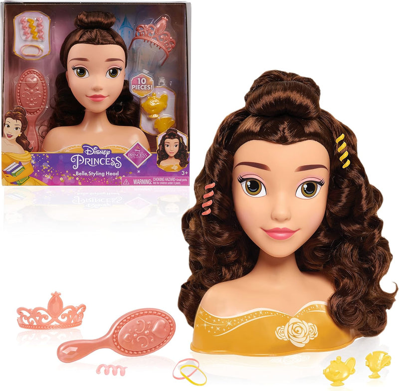 Just Play Disney Princess Belle Styling Head, Brown Hair, 10 Piece Pretend Play Set, Beauty and The