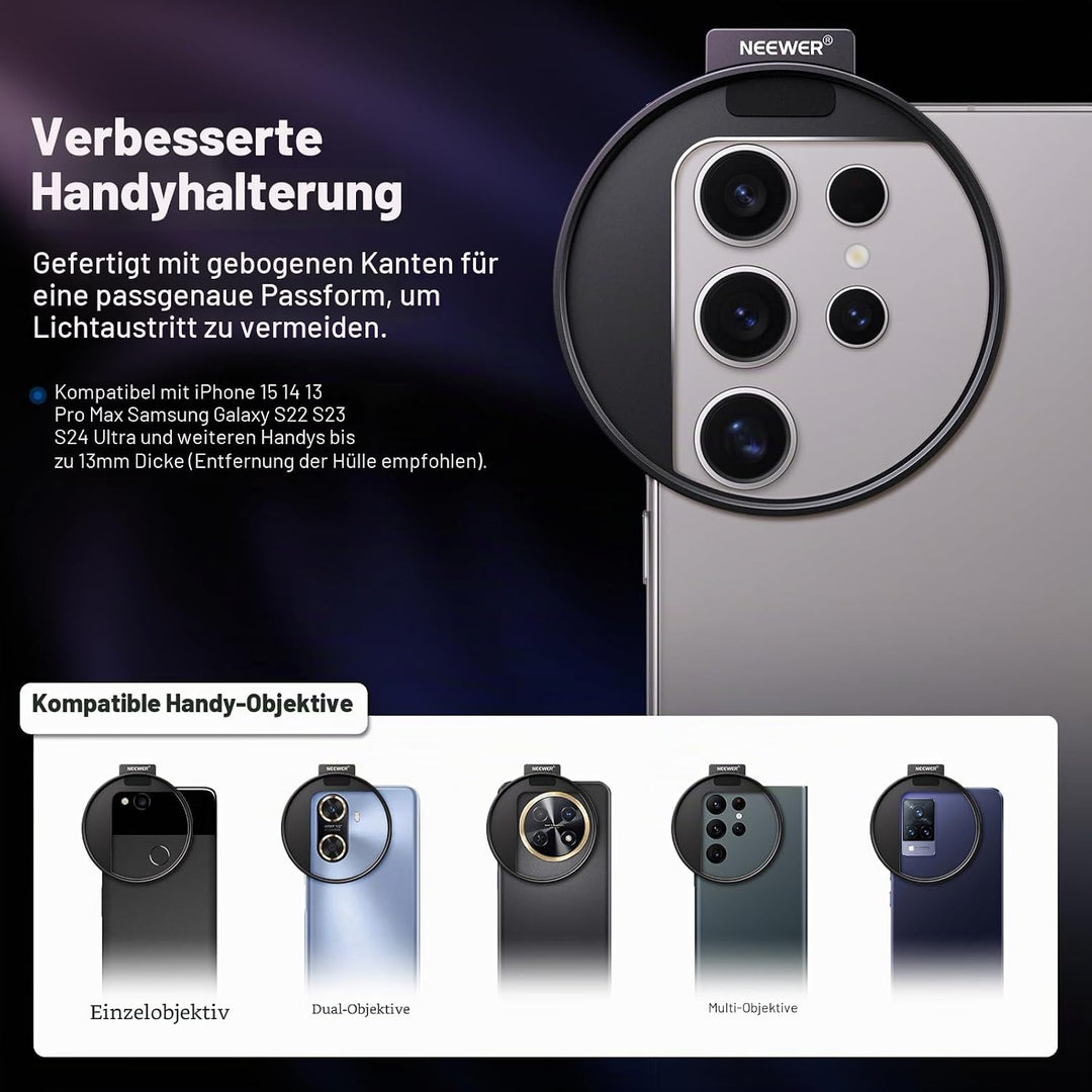 Neewer 67 mm Variables ND2-ND32 Handy-Objektivfilter-Set, Handy-Clip mit Gewindeadapterring/Kaltschu