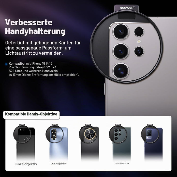 Neewer 67 mm Variables ND2-ND32 Handy-Objektivfilter-Set, Handy-Clip mit Gewindeadapterring/Kaltschu