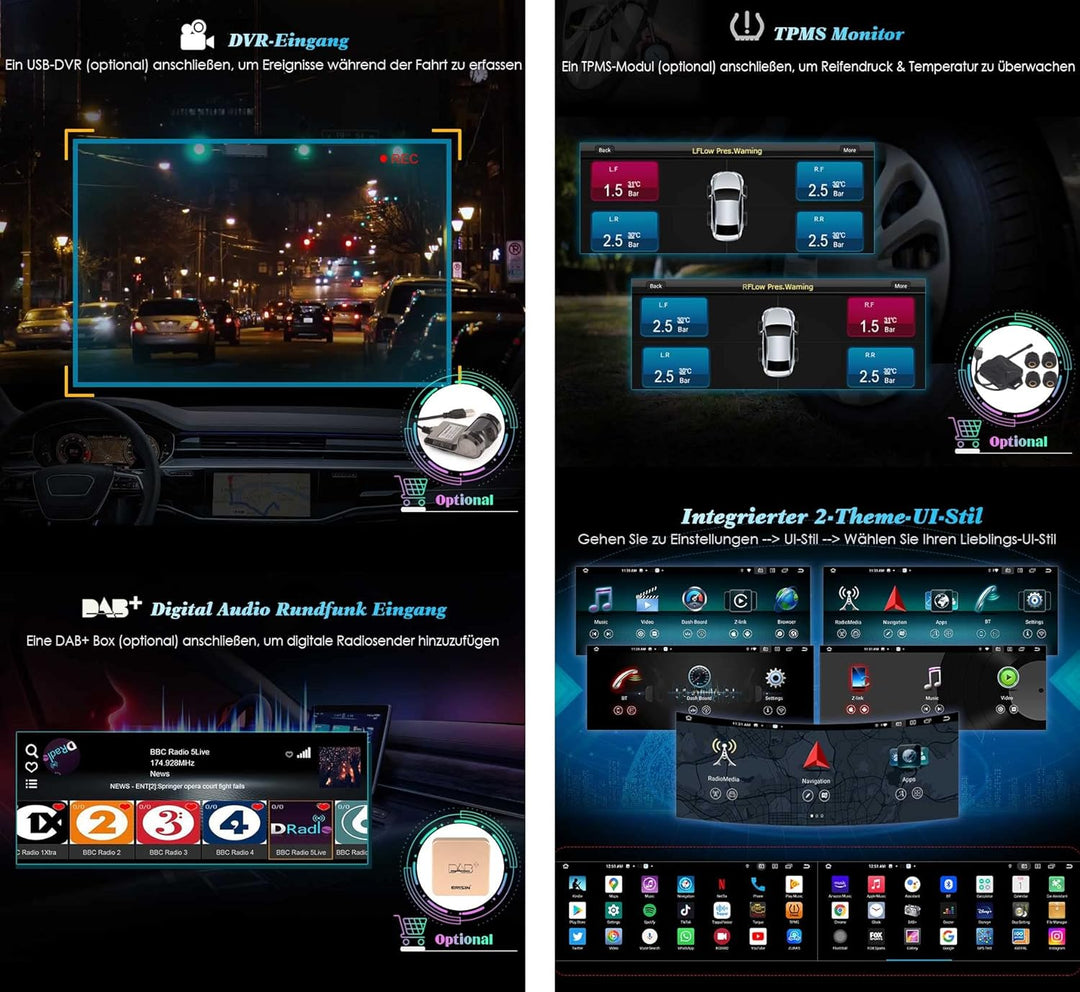 Erisin 10.25" 8-Kern 4GB+64GB Android 12 Autoradio GPS Navi für Mercedes-Benz C-Klasse W204 S204 mit