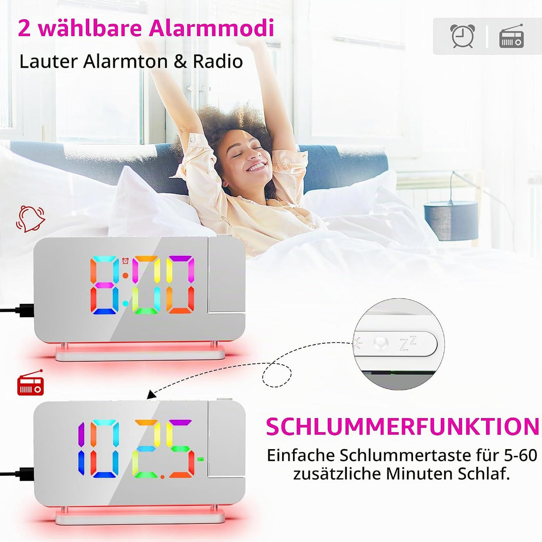 Lancoon Digitaler Wecker mit 180° Projektion Funkuhr 11 RGB Farbdisplay 10 Farben Nachtlicht 15 Stuf