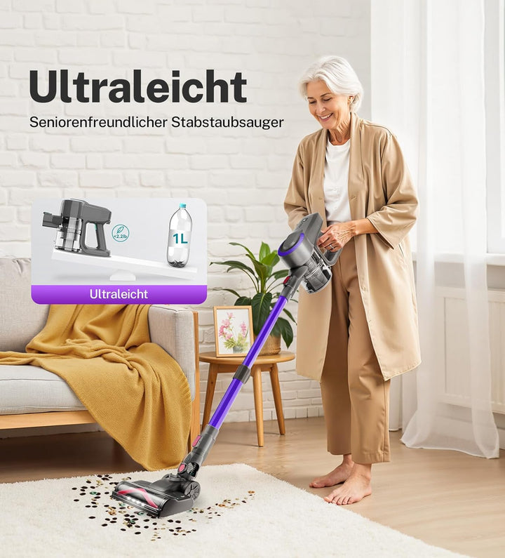 Akku Staubsauger, 30000Pa/55Min Staubsauger Kabellos, Anti-Tangle-Bürste und Selbststehend, Ultralei