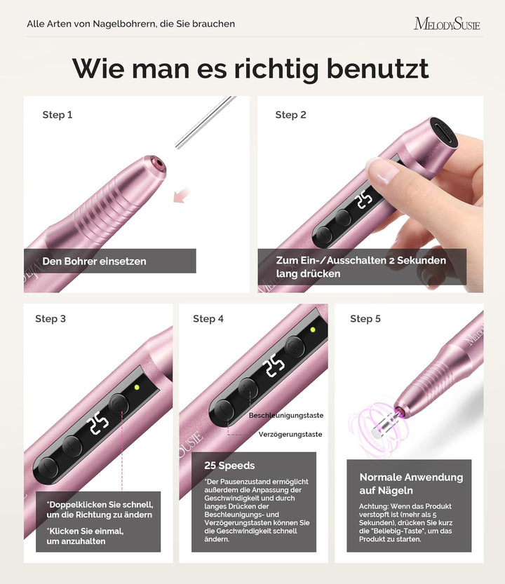 MelodySusie Kabellos Nagelfräser für Gelnägel, Elektrische Nagelfeile 25000 u/min, PC180G Profession