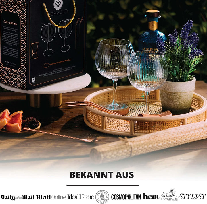 Geriffelte Gin Tonic Gläser Set | 2 Handgefertigte Gin Gläser, Rotgold-Barlöffel, Spirituosen-Messbe