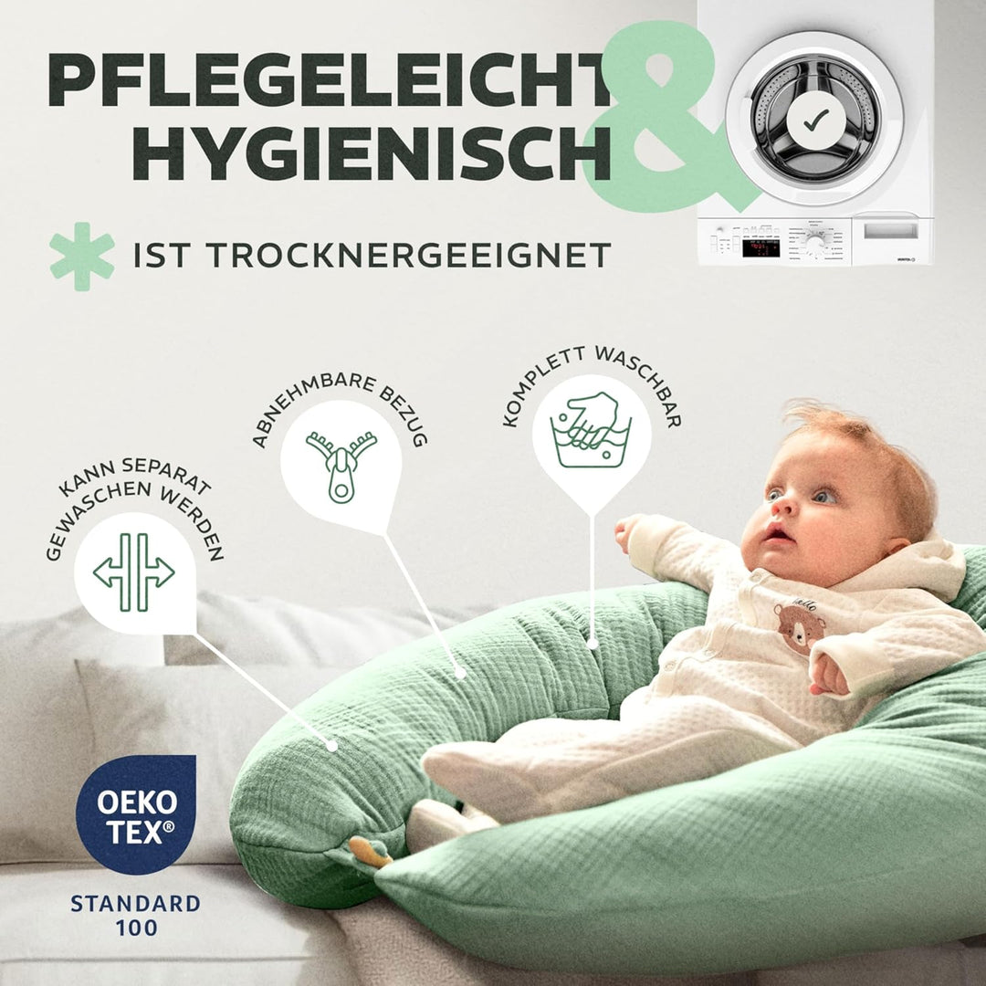 sei Design XXL Stillkissen 190x35 cm mit Musselin-Bezug ergonomisch. Schwangerschaftskissen Seitensc