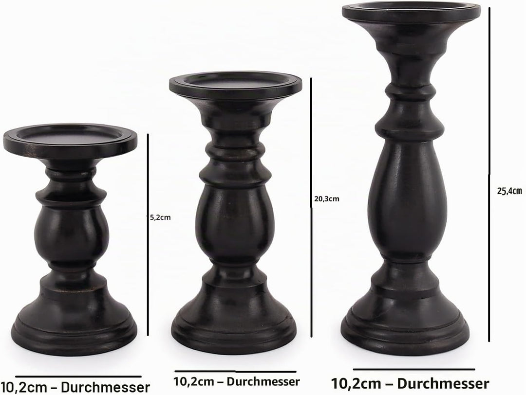 SAMHITA Set mit 3 Kerzenhaltern aus Mangoholz, in schwarzer Oberfläche, für Tischdekoration, Kerze f