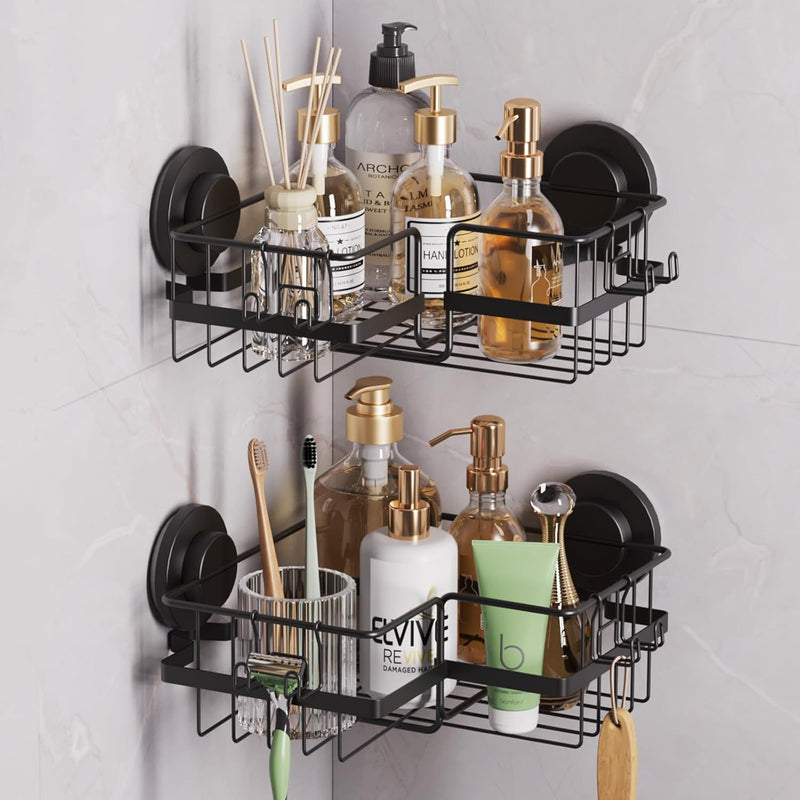 TAILI Duschablage Ohne Bohren,Einstellbar Ecke Dusche Caddy Saugnapf 2er Set Dusche Zubehör mit Hake