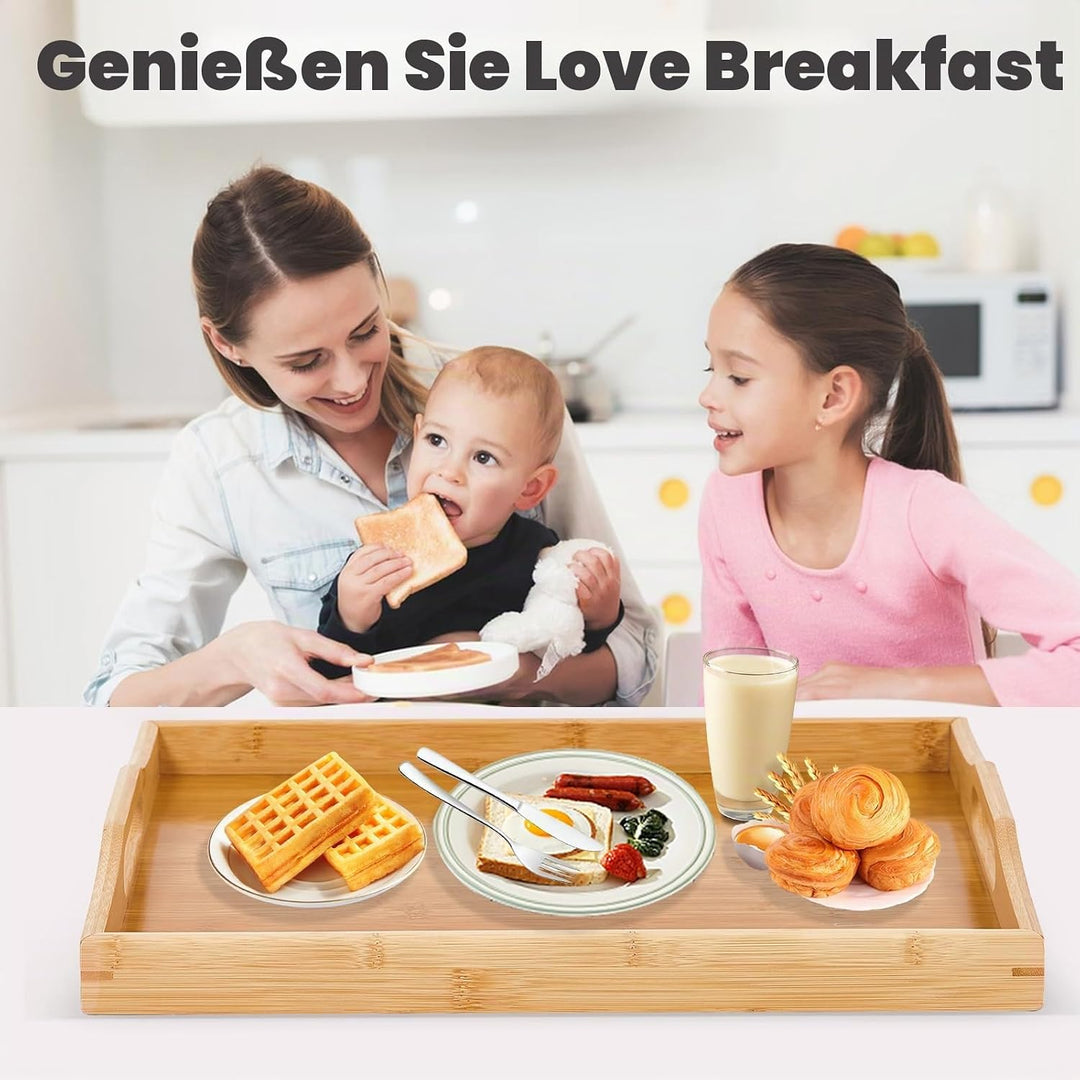 Yvttve Bambus Tablett Serviertablett mit Griffen, Rechteckig Holz Tablett Gross Küchentablett für Fr