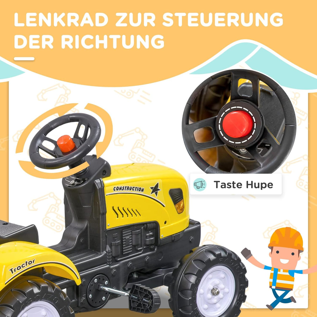 HOMCOM Trettraktor mit Anhänger Tretauto Traktor mit Anhänger ab 3 Jahre Spielzeug Kinder Gelb 133 x