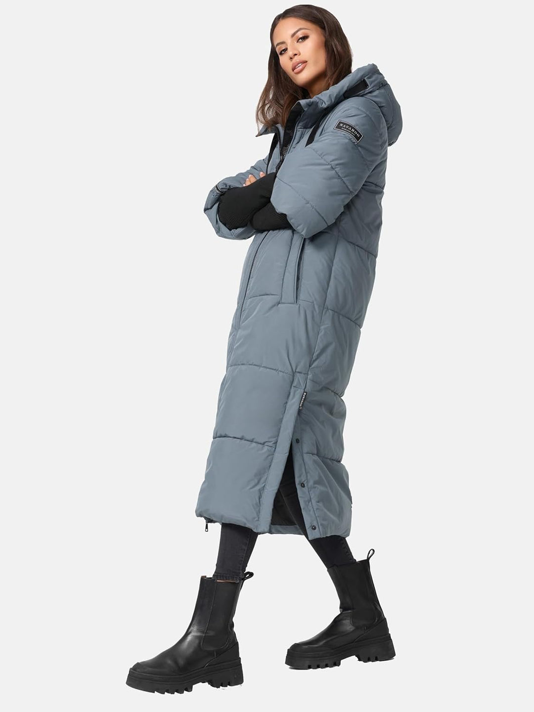 Navahoo Damen Wintermantel Warmer Steppmantel lang mit Kapuze und Rippstrickärmeln Ciao MIAU XIV XS-