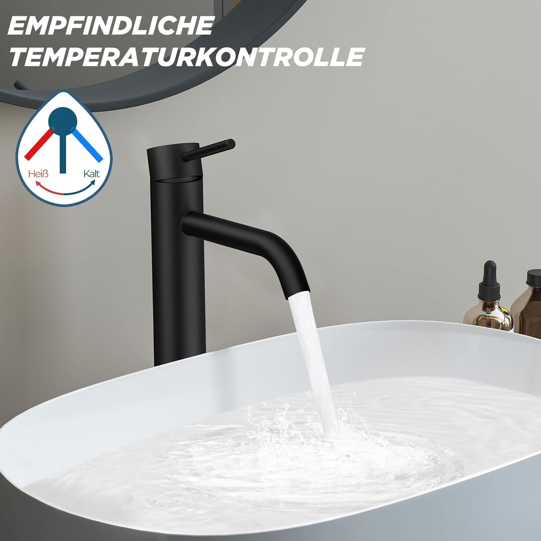 FORIOUS Wasserhahn Bad, Waschtischarmatur Hoch Waschbecken Armaturen in Schwarz mit Auslaufhöhe 190