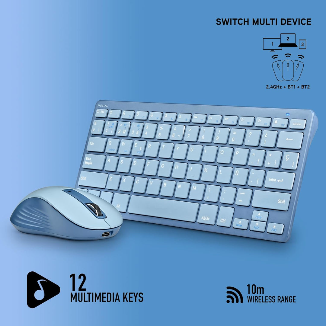 NGS Fantasy Kit Blau – Kabellose Tastatur und Maus QWERTY Spanisch, wiederaufladbarer Lautlos, Multi