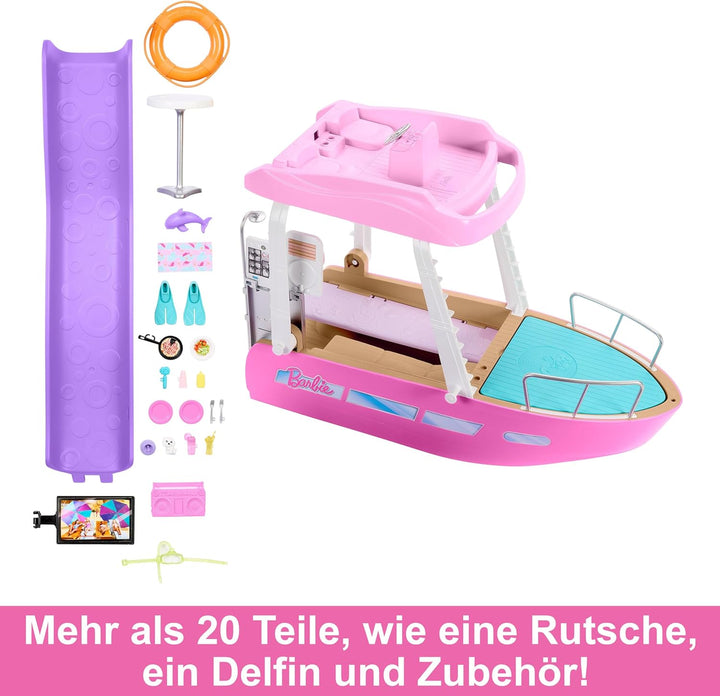 Barbie Traumboot Spielset, Rutsche und Schwimmzeug, 20+ Barbie-Zubehörteile, ohne Barbie-Puppe, als