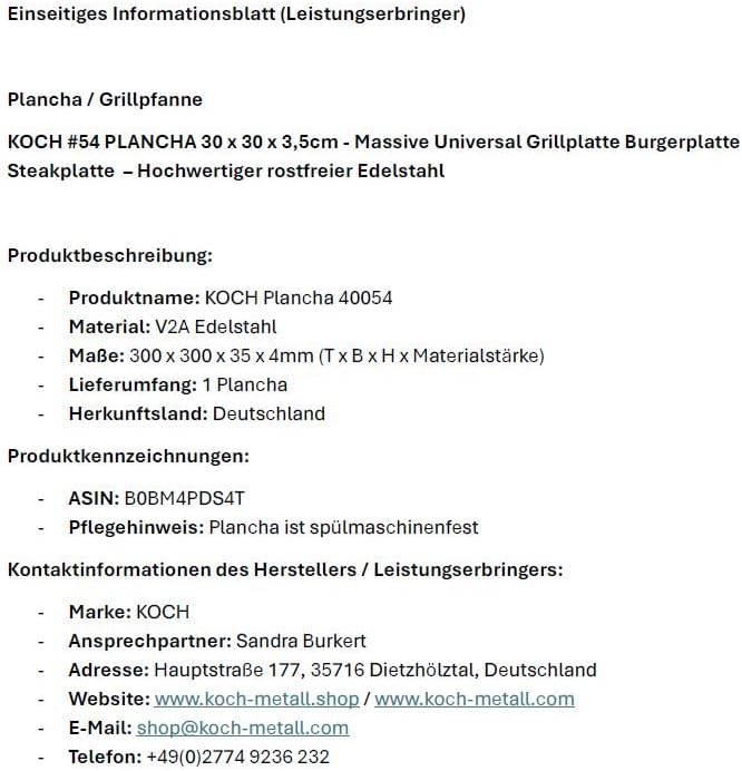 KOCH #54 PLANCHA 30 x 30 x 3,5cm Grillpfanne Grillplatte Burger- Steakplatte made in Germany – Hochw