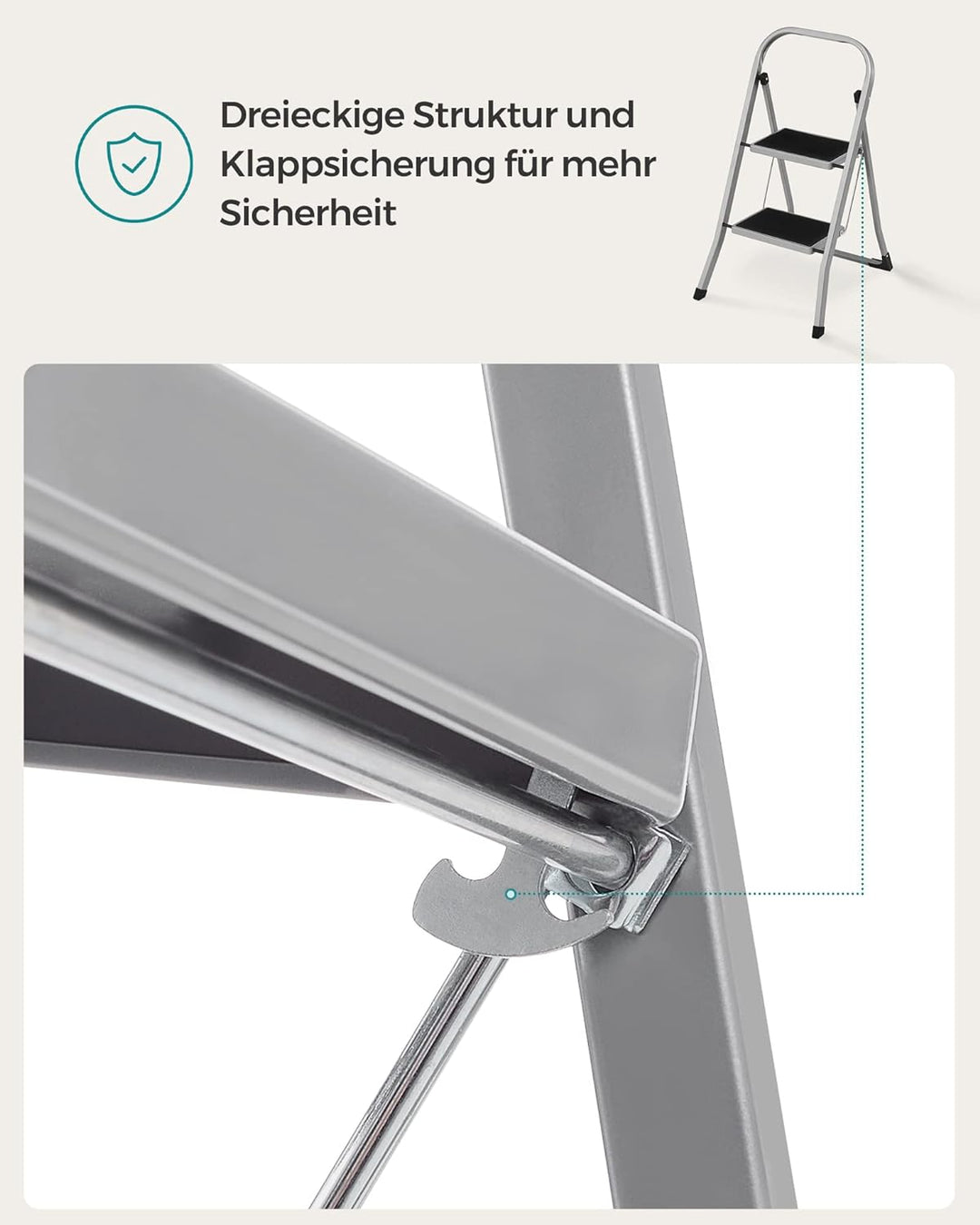 SONGMICS Trittleiter, Leiter mit 2 Stufen, Klapptritt, Klappsicherung, einfach zu verstauen, bis 150