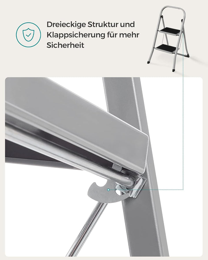 SONGMICS Trittleiter, Leiter mit 2 Stufen, Klapptritt, Klappsicherung, einfach zu verstauen, bis 150