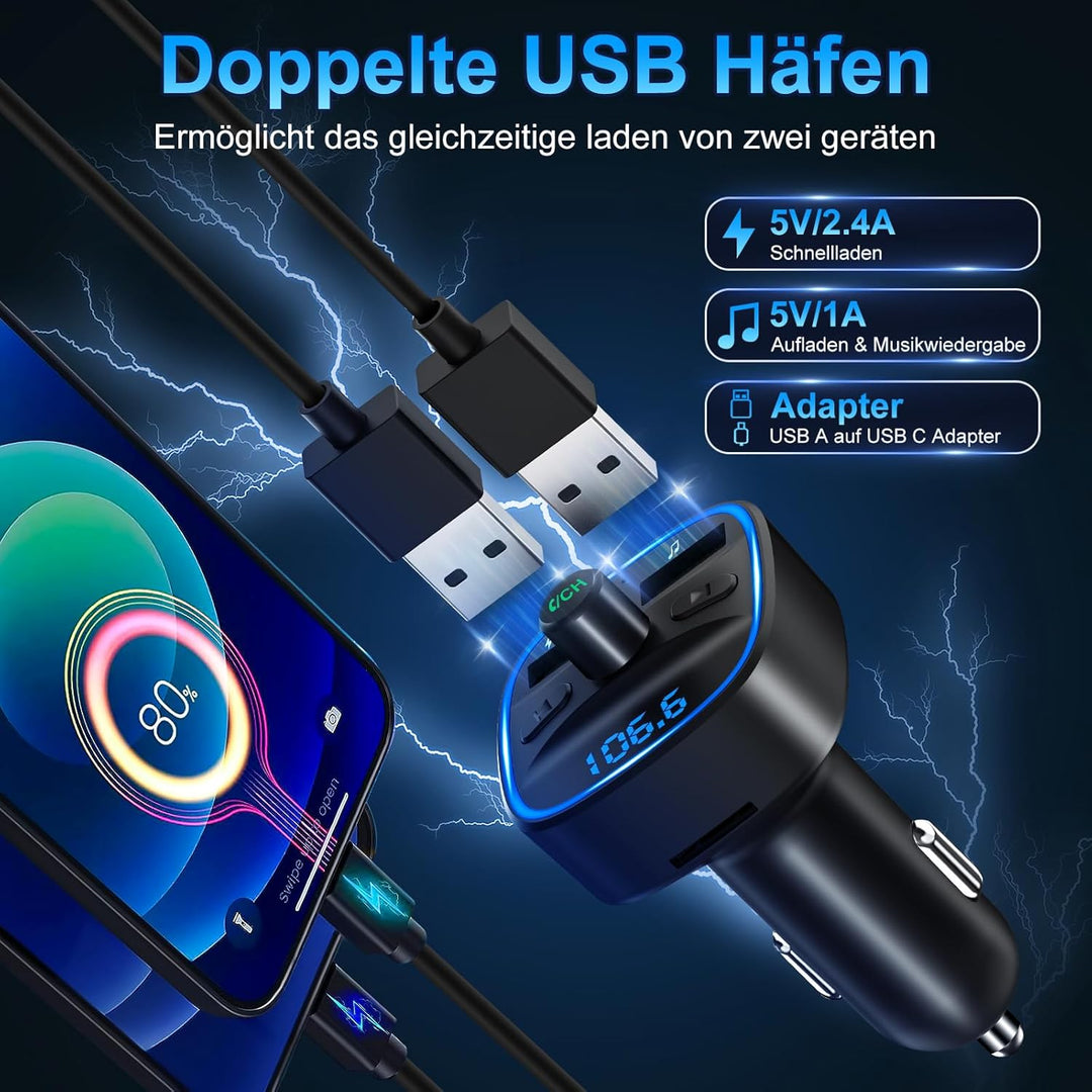 Bluetooth 5.3 FM Transmitter, KFZ Bluetooth Adapter Auto Radio, 2 USB Autoladegerät LED Display Auto