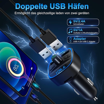 Bluetooth 5.3 FM Transmitter, KFZ Bluetooth Adapter Auto Radio, 2 USB Autoladegerät LED Display Auto