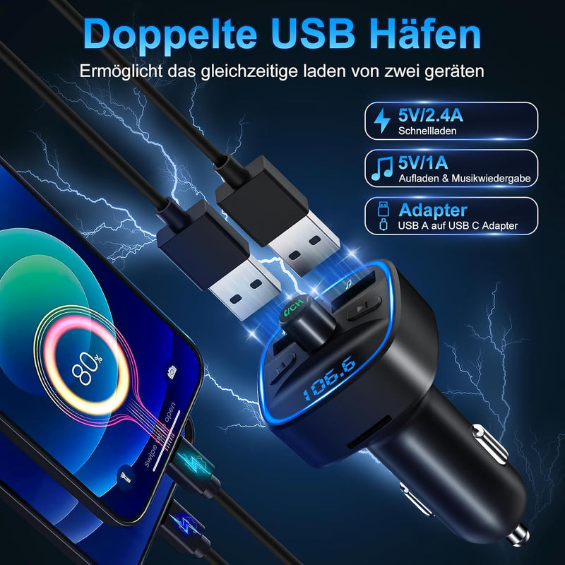 Bluetooth 5.3 FM Transmitter, KFZ Bluetooth Adapter Auto Radio, 2 USB Autoladegerät LED Display Auto