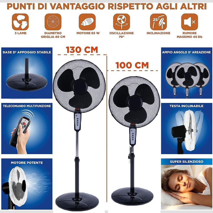 BAKAJI Standventilator mit Fernbedienung, runder Sockel, 40-cm-Flügel, 3 Oszillationsgeschwindigkeit