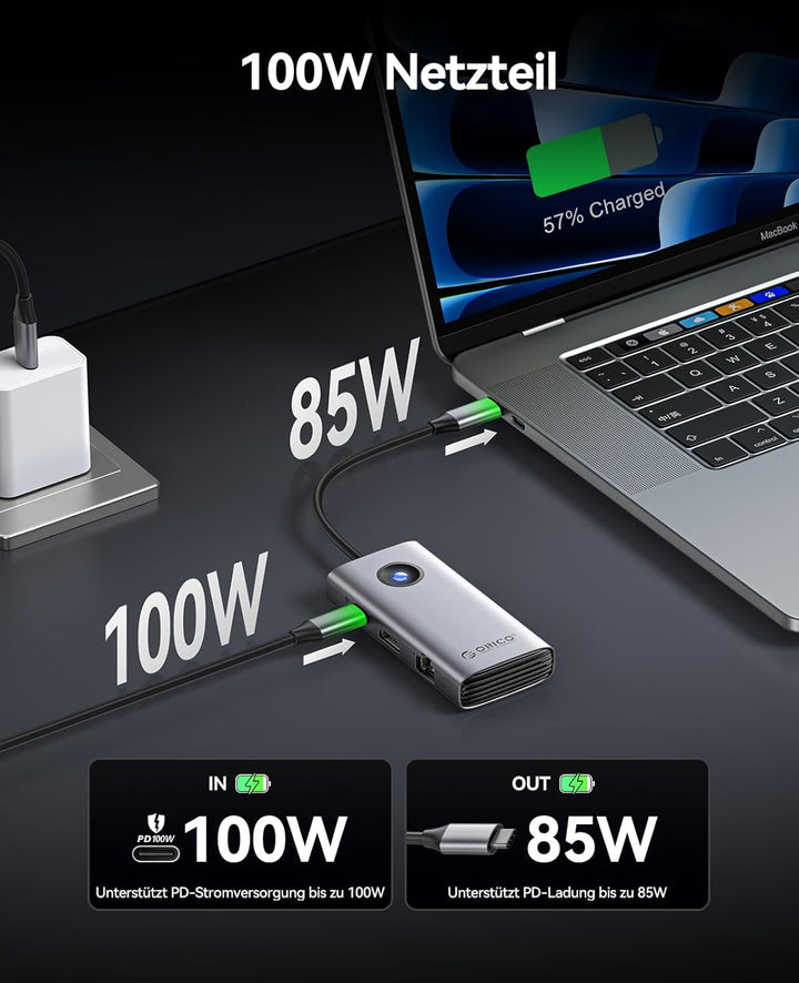ORICO Docking Station, 6 in 1 USB C Hub Dock mit HDMI 4K@30Hz+PD100W+3×USB3.0+Ethernet, USB 3.0 Hub