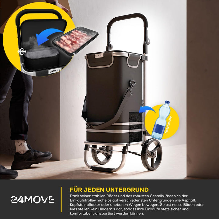 24MOVE® Einkaufstrolley Vehlo klappbar mit 55L inkl. Kühlfach, Faltbarer 3in1 Trolley - Sackkarre un