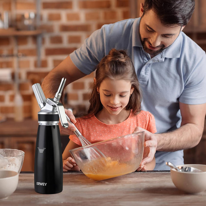 ERWEY Sahnespender 500ML, Sahnesyphon Edelstahl, Sahnesprüher Auslaufsicherer Einfach Reinigen mit 3