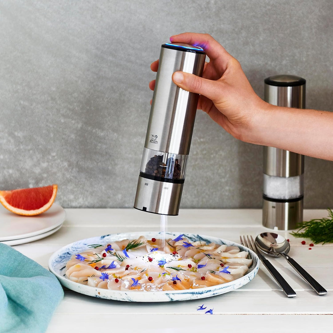 PEUGEOT - Elektrische Pfeffermühle + Salzmühle Elis Sense u‘Select 20 cm + Pfeffer + Steinsalz + Tab