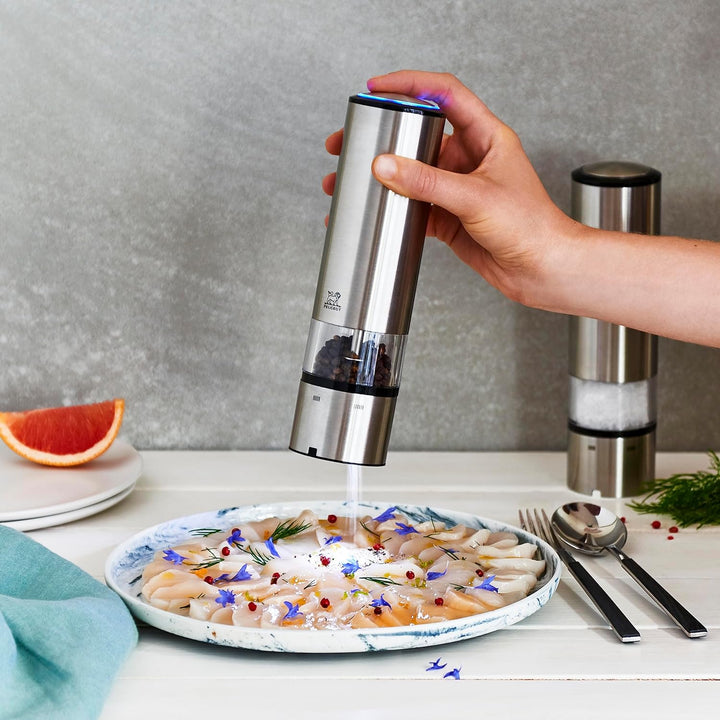PEUGEOT - Elektrische Pfeffermühle + Salzmühle Elis Sense u‘Select 20 cm + Pfeffer + Steinsalz + Tab