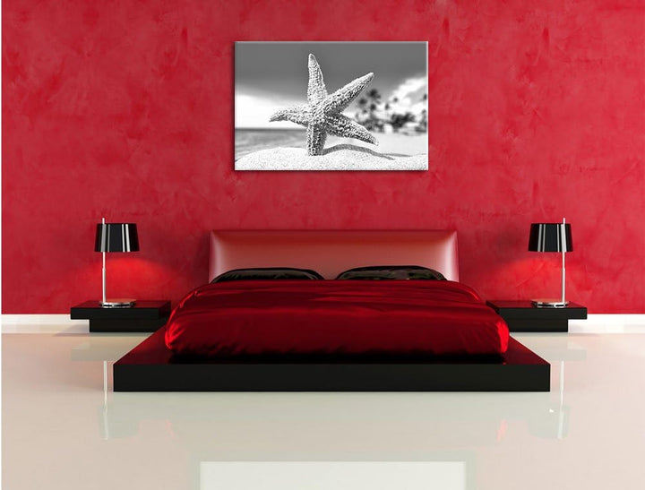 Pixxprint Seestern im Sandstrand von Palm Beach Kunst B&W, Format: 100x70 auf Leinwand, XXL riesige