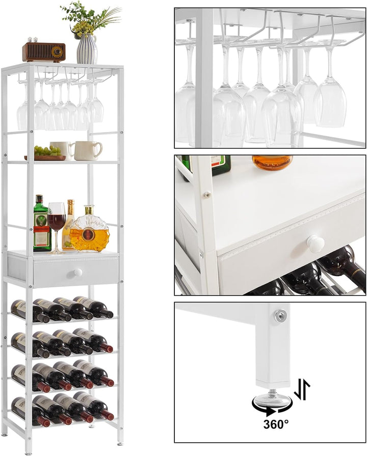 IBUYKE Weinregal, 4-Lagiges Freistehendes Weinregal Mit Glashalter Und Schublade, 16 Flaschenregal C