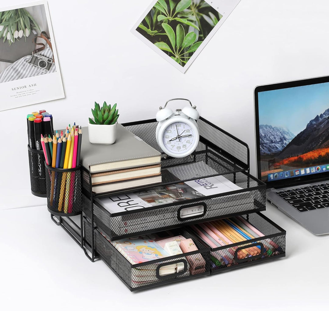 Vikmyer 3-Trays Desktop Organizer mit Schublade, Mesh Büro Schreibtisch liefert Organizer Dokumenten