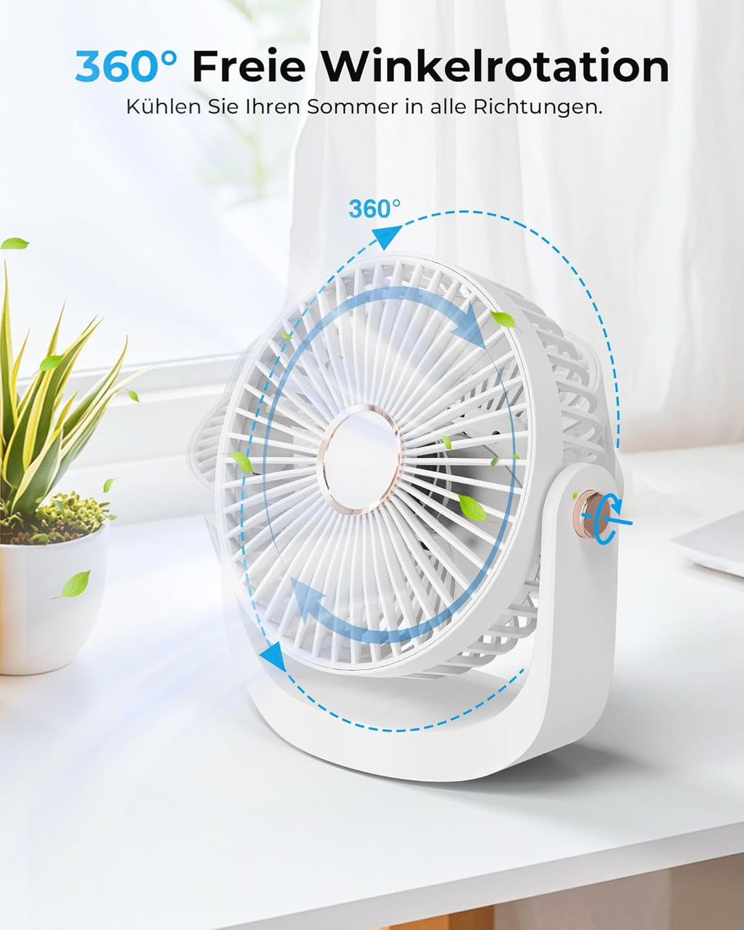 Ventilator Leise - Tischventilator mit Nachtlicht，3000mAh USB Wiederaufladbarer Kleiner Ventilator,